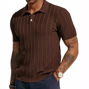 Men's vertical stripe knit polo shirt in dark brown with classic ribbed collar and texture