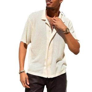 Men's cream knit short sleeve shirt featuring openwork mesh texture and polo collar design