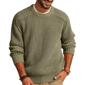 Men's casual crewneck knit sweater in sage green with thick waffle knit texture