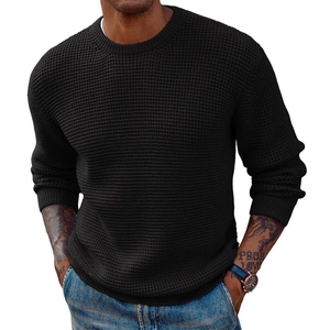 Men's black waffle knit sweater with crew neck, regular fit long sleeve knitted pullover top
