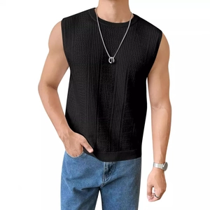 Gilet tricoté sans manches pour hommes avec texture à rayures verticales et col rond