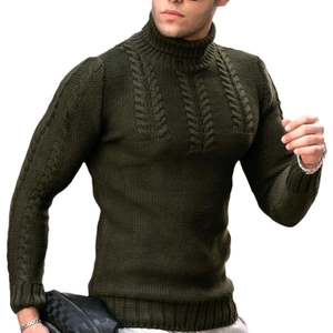 Men's slim fit turtleneck knit sweater in olive green with classic cable knit patterns
