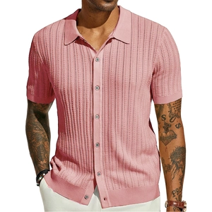 Close-up of pink knit polo shirt featuring vertical hollow mesh texture and button-up front