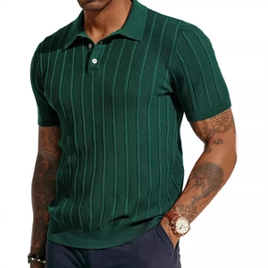 Men's dark green short sleeve knit Polo shirt with vertical striped texture and ribbed trim