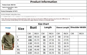 Men's winter thick knit sweater size chart showing measurements in CM and INCH from S to 3XL