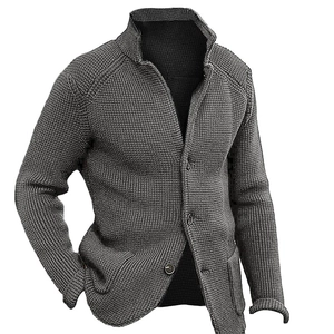 Men's dark grey waffle knit cardigan with stand collar and button closure