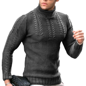 Slim fit men's cable knit turtleneck sweater in grey with ribbed cuffs and hem