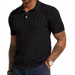 Men's black knit short sleeve Polo shirt with ribbed texture and classic V-neck collar