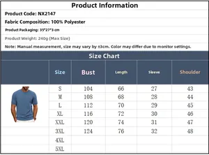 Detailed size chart for men's knit t-shirt with measurements from size S to 3XL