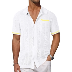 Men's white knit polo shirt with yellow trim and short sleeves in breathable mesh fabric