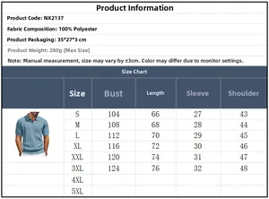 Size chart for men's mesh stripe knit polo shirt in blue with detailed measurements