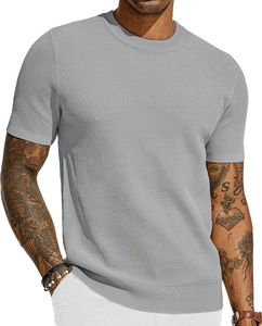 Detail shot of men's slim fit mesh knit crew neck t-shirt in grey with ribbed sleeve cuffs