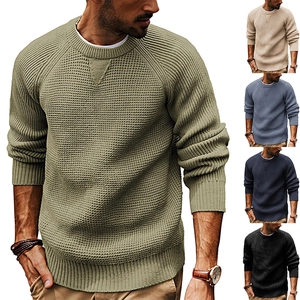 Men's winter thick knit crewneck sweater with waffle texture in multiple colors