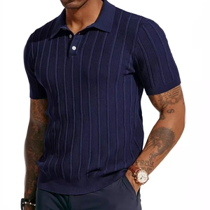Men's navy blue short sleeve knit polo shirt with vertical stripes and buttoned V-neck