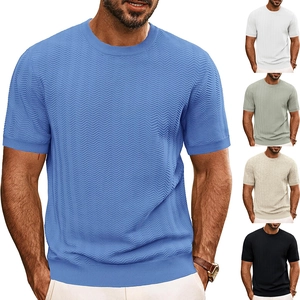 Men Summer Knit T-Shirt Short Sleeve Round Neck Chevron Texture Retro Casual Polyester Tee Top For Men Urban Fashion