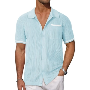 Men's light blue knit hollow short sleeve shirt with striped mesh and chest pocket