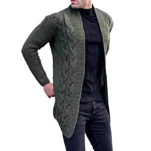 Men's olive green cable knit cardigan with ribbed collar and long sleeves casual style