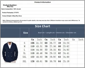 Size chart and fabric details for men's vintage heavy knit cardigan 100% acrylic