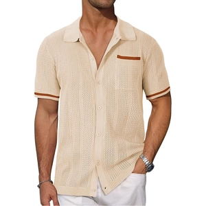 Men's cream knit short sleeve polo shirt with vertical stripes and chest pocket detail