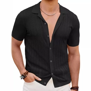 Men's black knit short sleeve cardigan with hollow vertical stripes and classic collar
