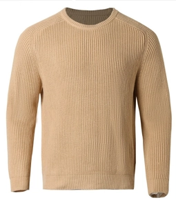 Close-up of camel brown men's crewneck knit sweater showing vertical ribbed texture