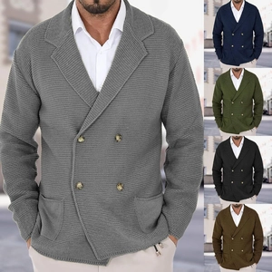 Men Double Breasted Knit Cardigan Acrylic Lapel Collar Jacket Sweater Business Casual Long Sleeve Outerwear With Pockets