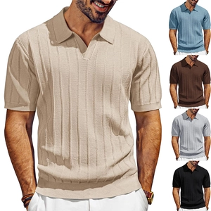 Men's Mesh Knitted Polo Shirt Short Sleeve V Neck Polyester Hollow Stripe Top Retro Casual Summer Business Apparel Men Clothing