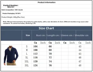 Size chart for men's turtle neck cardigan with fabric details and measurements
