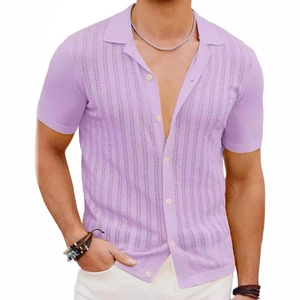 Men's lavender short sleeve pointelle knit shirt with polo collar and button down front