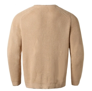 Back view detail of men's crewneck knit sweater with vertical ribbing in light camel