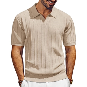 Men's vertical stripe mesh knit polo shirt with V-neck collar in beige finish