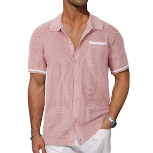 Men's retro knit polo shirt in light pink with breathable vertical stripe hollow design