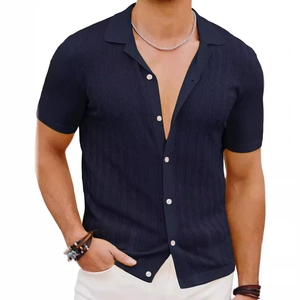 Navy blue men's knitted short sleeve cardigan shirt with vertical striped hollow pattern