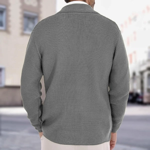 Rear view of dark grey men's knit cardigan with textured pattern and suit collar detail