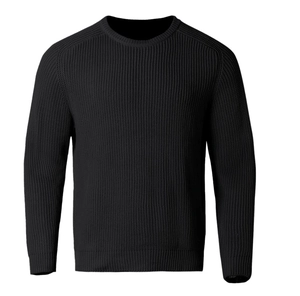 Detailed macro view of the black ribbed knit texture on the crewneck long sleeve sweater