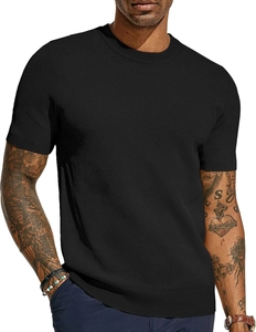 Close-up of black waffle knit texture on men's slim fit crew neck short sleeve T-shirt