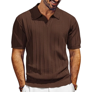 Detail of coffee brown men's polo shirt featuring vertical textured knit and V-neckline
