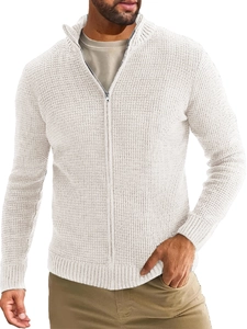 Close-up of men's white waffle knit cardigan with high collar and silver zipper detail