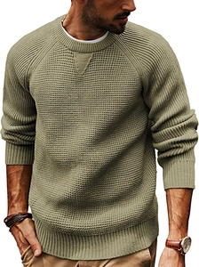 Detailed view of the waffle knit texture and ribbed collar on the men's olive green sweater