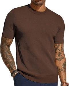 Close-up of men's slim fit knit t-shirt showing dark brown mesh fabric texture and crew neck