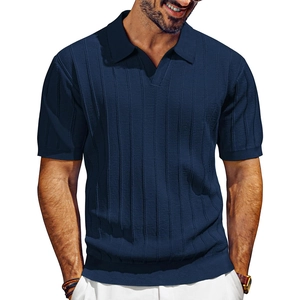 Detailed texture of dark blue knit polo shirt with vertical stripes and V-neckline
