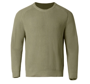 Detail view of olive green knit sweater with crew neck and ribbed raglan sleeves