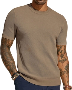 Close-up of brown textured mesh knit fabric on men's slim fit short sleeve t-shirt