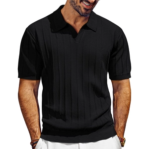 Men's black mesh knit polo shirt featuring a V-neck and vertical ribbed texture