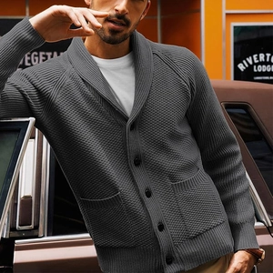 Men's dark grey shawl collar cardigan sweater with button closure and pockets detail