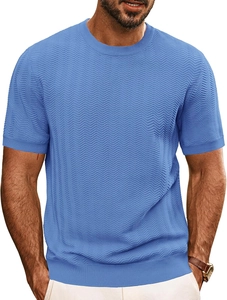 Detail of light blue knit T-shirt featuring a unique zigzag wave texture and ribbed cuffs