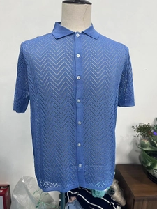 Detailed view of men's blue knit cardigan featuring a wavy hollow pattern and white buttons