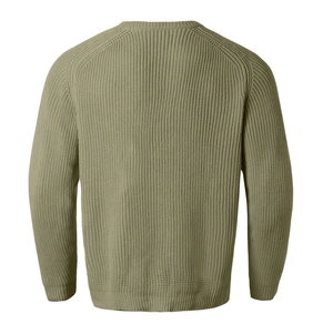 Detail view of the rib-knit texture and back construction of this olive green men sweater
