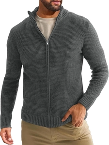 Close-up of men's grey waffle knit cardigan showing thick texture and metal zipper