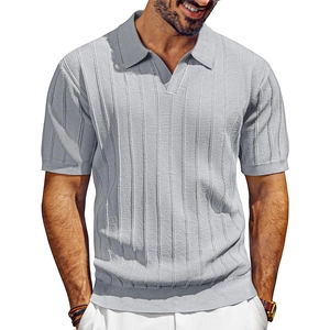 Men's light grey knit Polo shirt with vertical stripe texture and classic V-neck collar